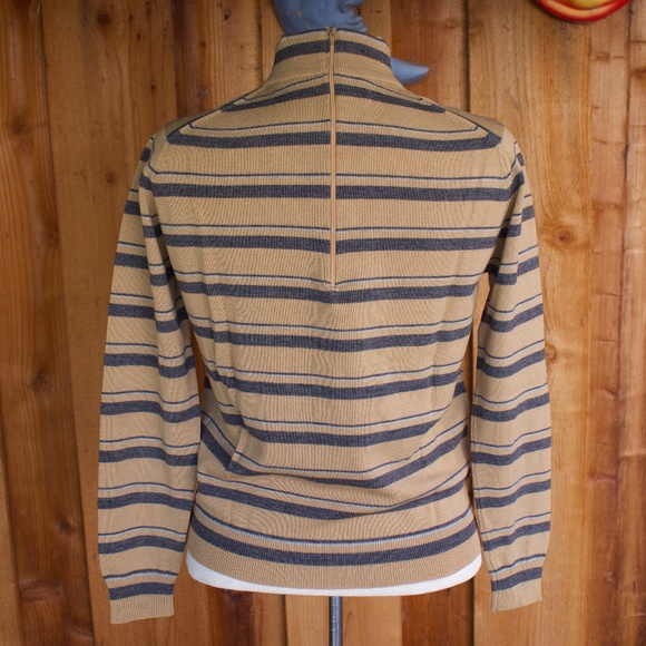 Vintage I. Magnin Jaeger 100% Wool Brown & Grey Chevron Knit Moch Neck Sweater - Picture 10 of 15